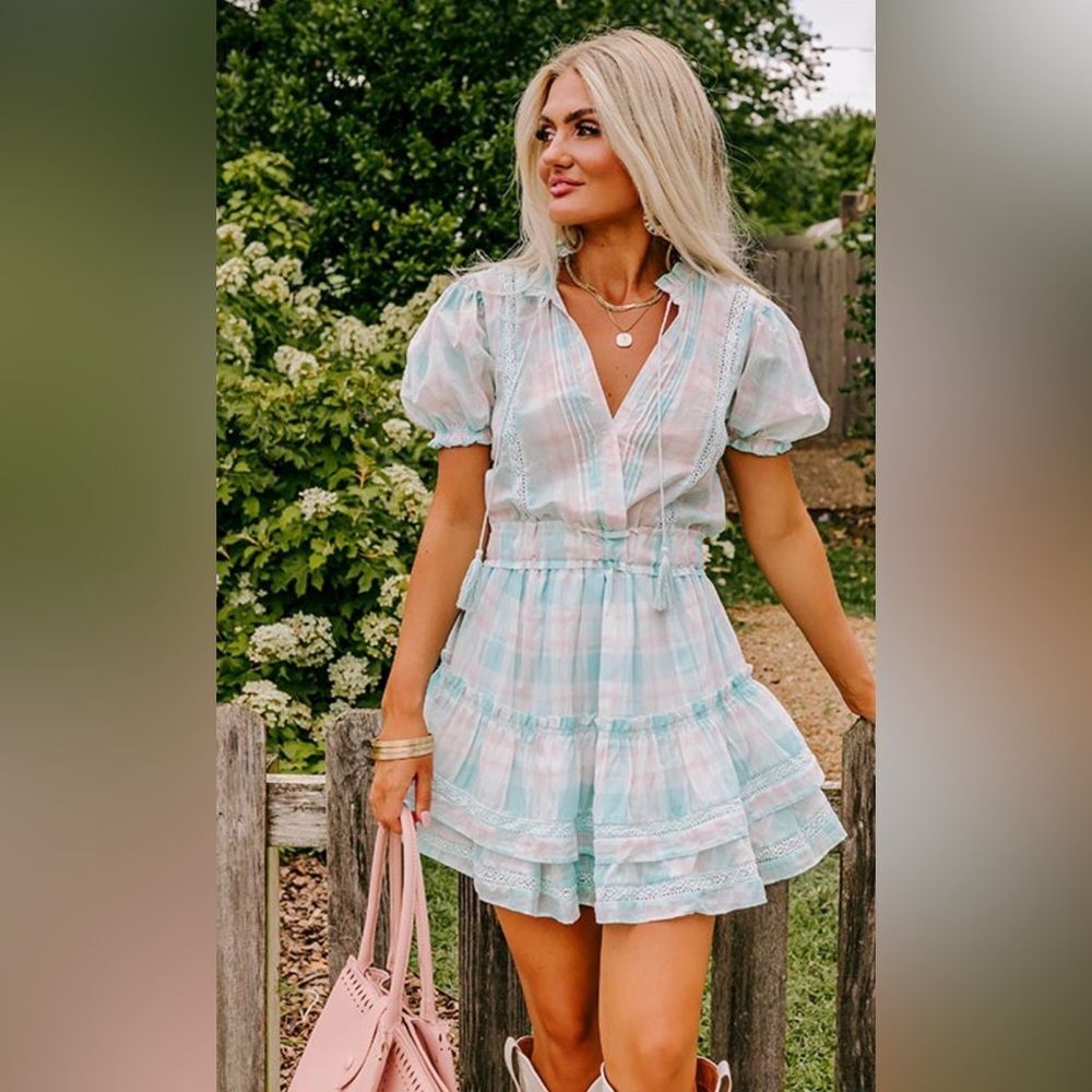 NEW Mable Out For Brunch Mini Dress M Aqua Pink Plaid Puff Sleeve Ruffle Cotton